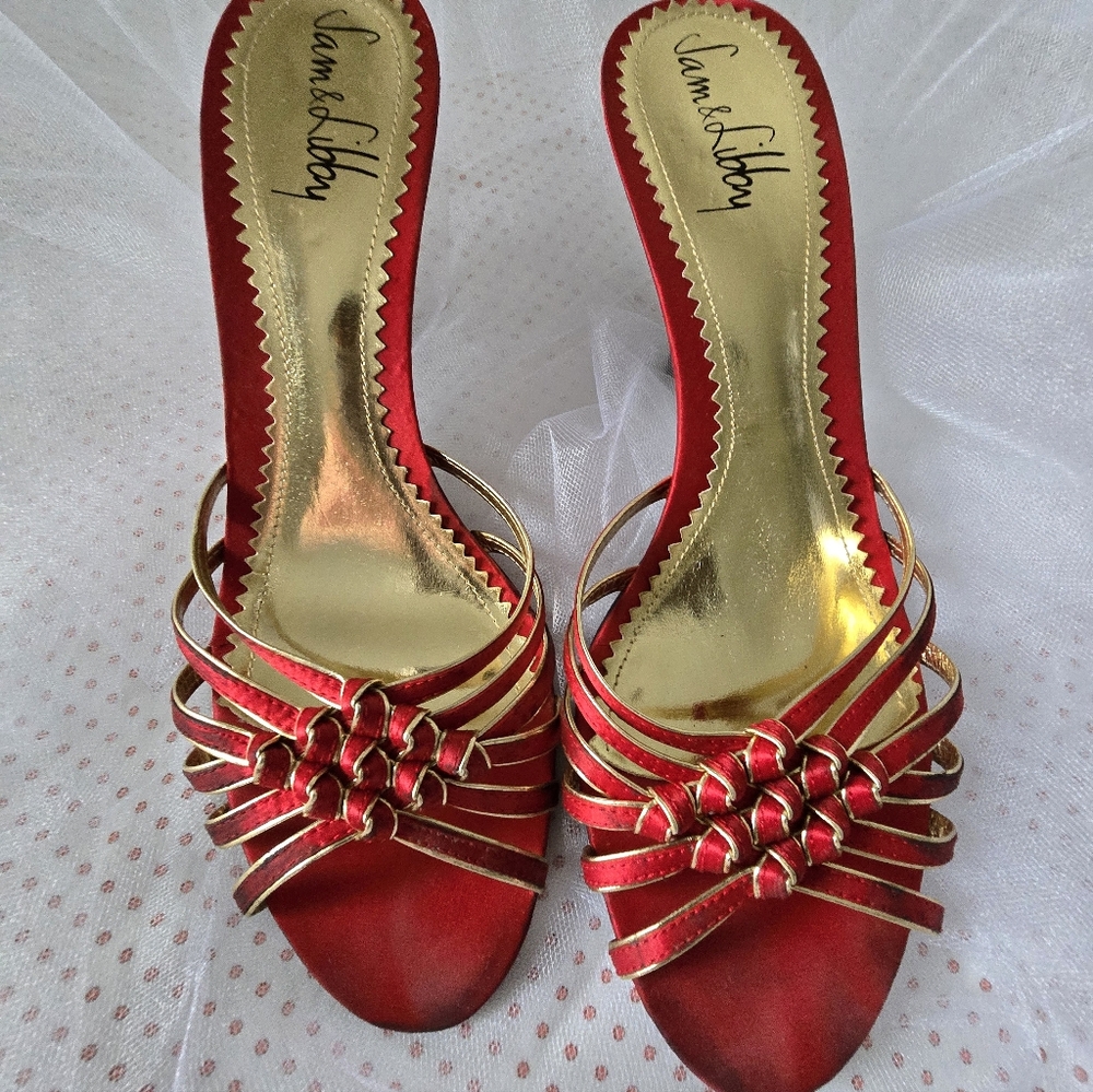 S O L D Sam & Libby Red/Gold Strappy Backless Heels w/Decorative Knots Size 9M - Picture 11 of 11